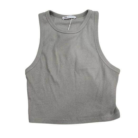 Zara Ribbed-Knit Cropped Tank Top Women's Space Gray Medium Sleeveless Stretch - Picture 1 of 5